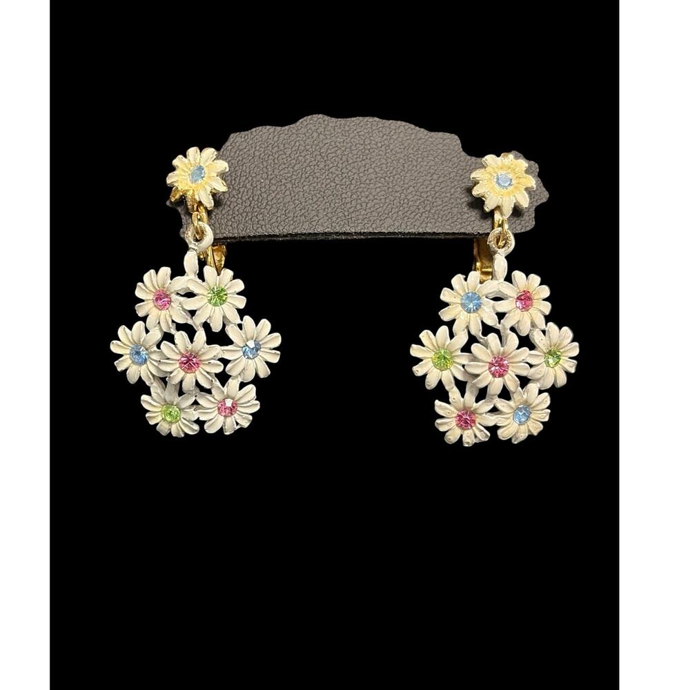 Vintage Enamel Starlet Rhinestone Daisy Clip-ons Earrings